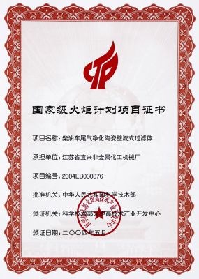 国家级火炬计划项目证书