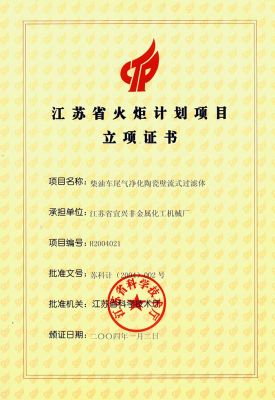 江苏省火炬计划项目立项证书